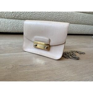 Furla Julia Mini Crossbody Bag Blush Pink Saffiano Leather Gold Chain Flap Purse